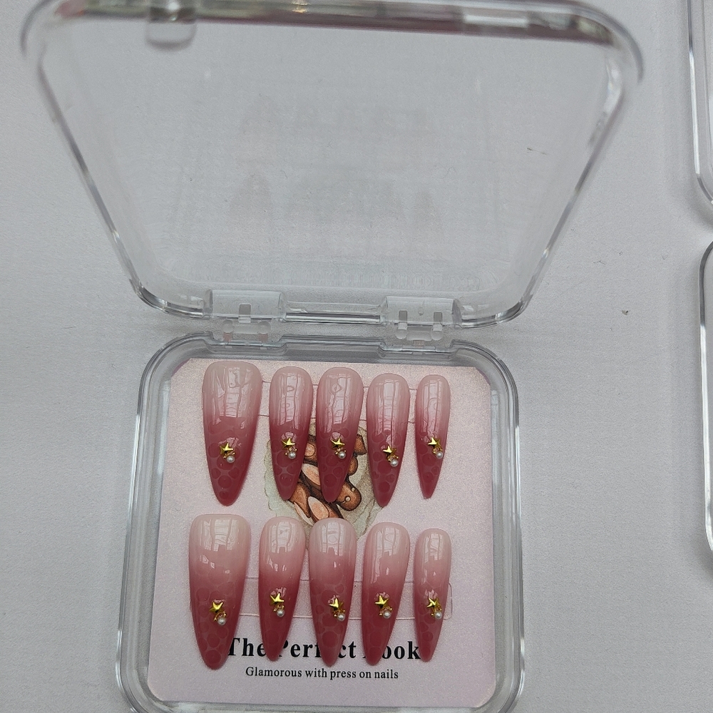Pink Ombre False Nails with Gold Accents